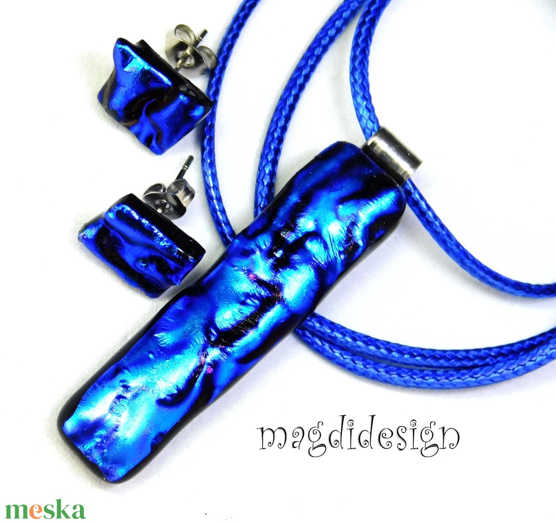 Kék dichroic üvegékszer szett, nyaklánc, fülbevaló - ékszer - ékszerszett - Meska.hu