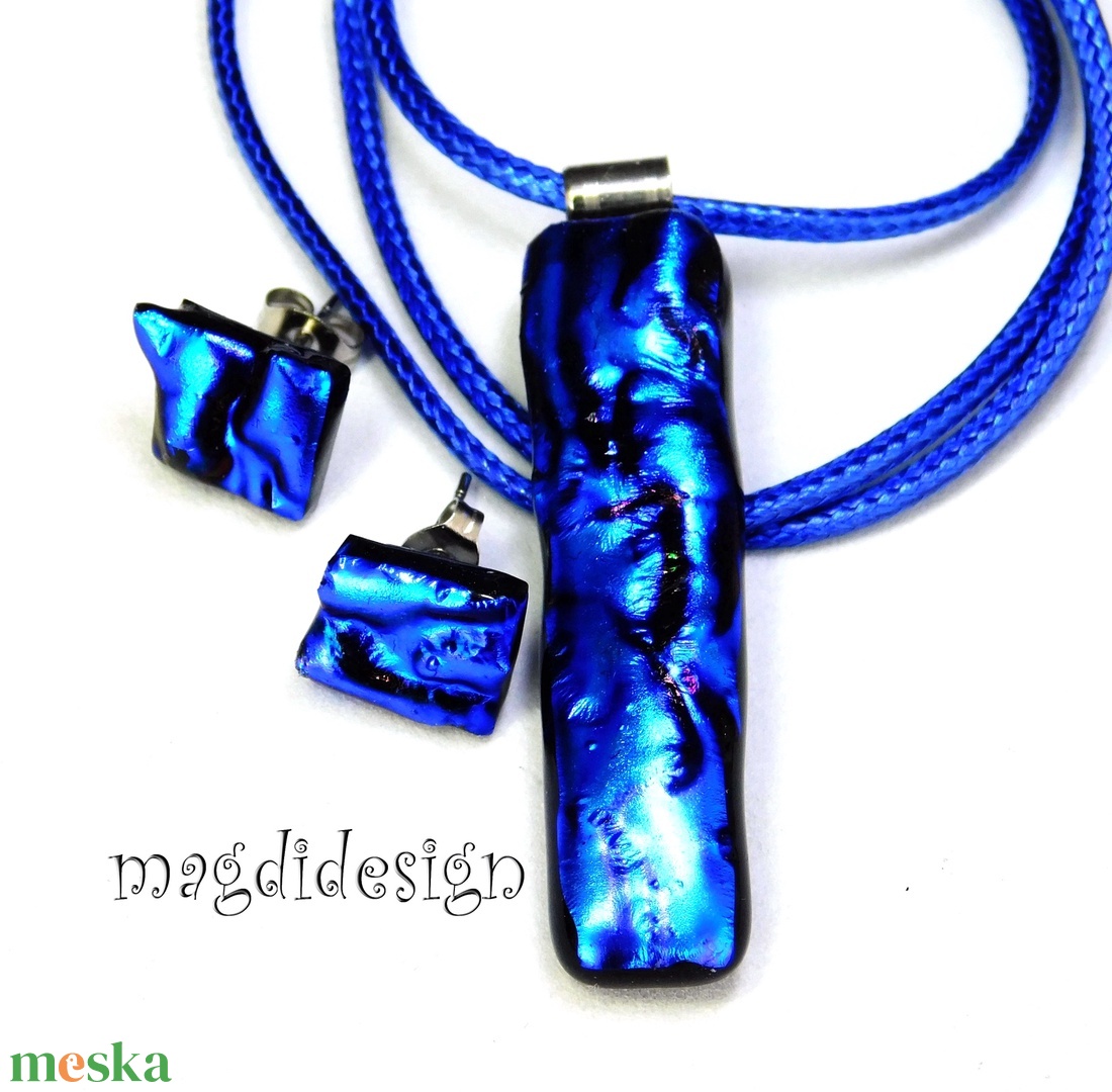 Kék dichroic üvegékszer szett, nyaklánc, fülbevaló - ékszer - ékszerszett - Meska.hu