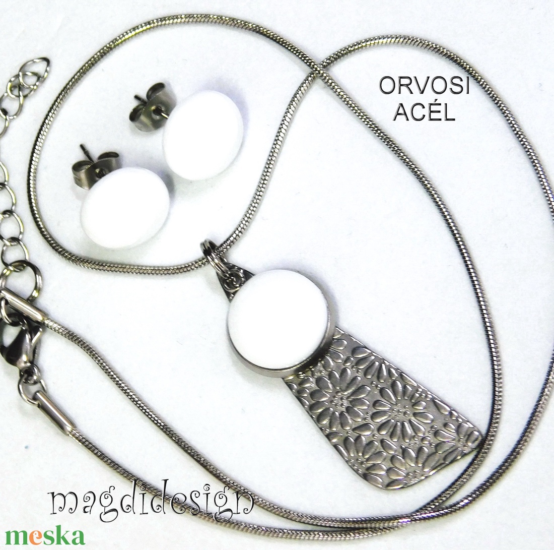 Virágos hófehér üvegékszer szett nyaklánc, pötty fülbevaló - ékszer - ékszerszett - Meska.hu