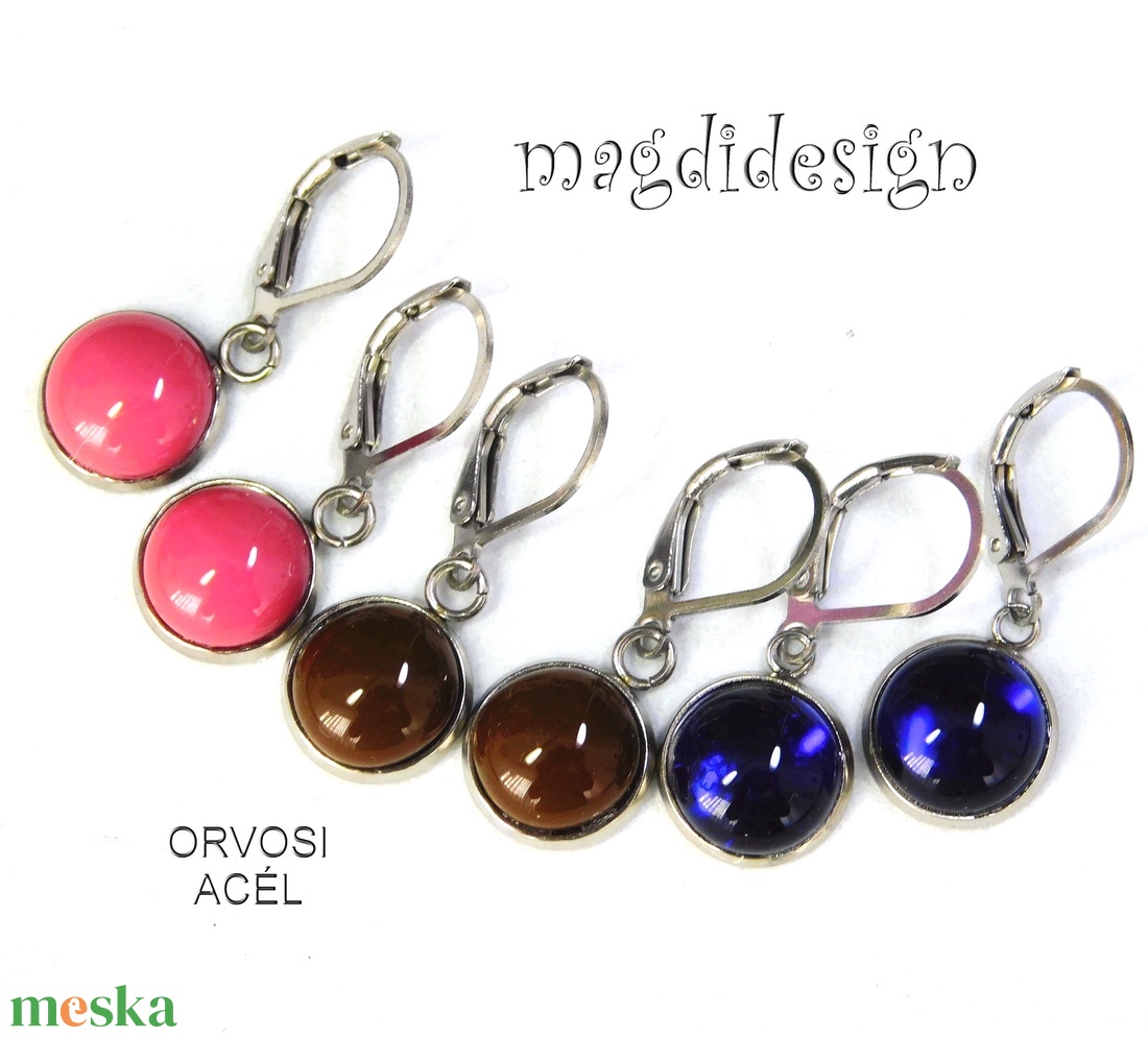 NEMESACÉL! Mályvás-málna, barna, királykék üvegékszer lógós fülbevaló 3 pár - ékszer - fülbevaló - lógó fülbevaló - Meska.hu