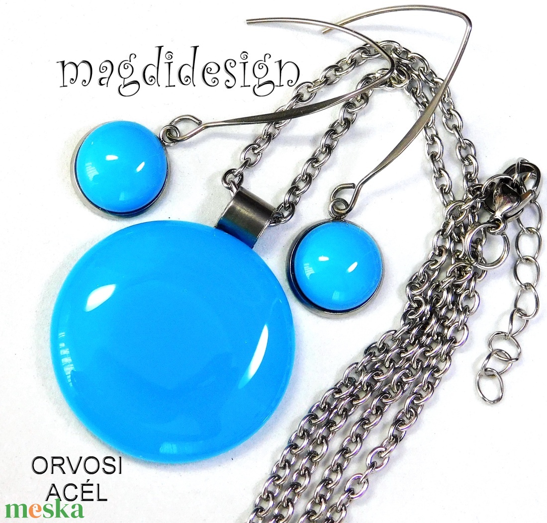 MAXI Középkék minimál design üvegékszer szett, nyaklánc, lógós fülbevaló  - ékszer - ékszerszett - Meska.hu