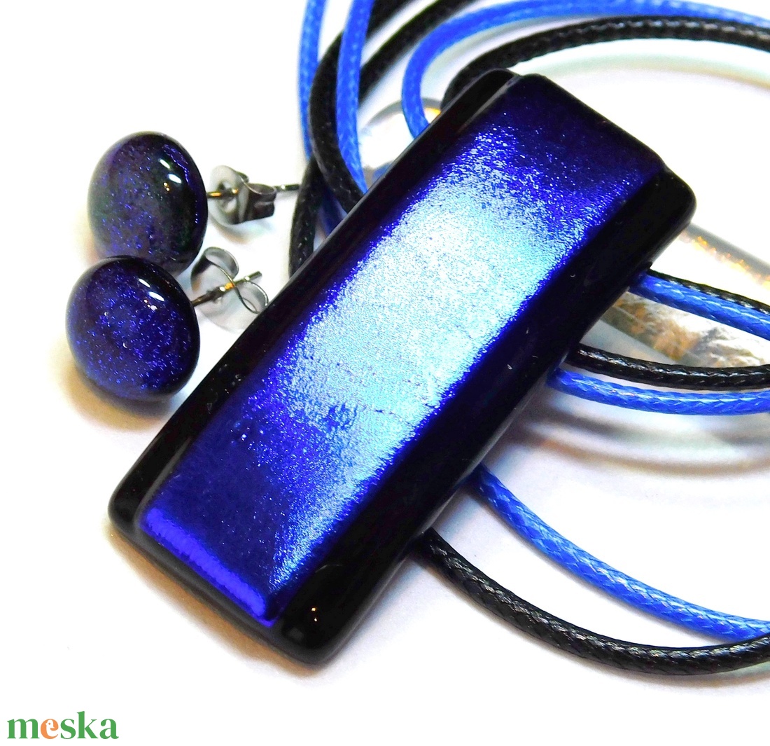 Királykék fekete dichroic üvegékszer szett pötty fülbevaló - ékszer - ékszerszett - Meska.hu