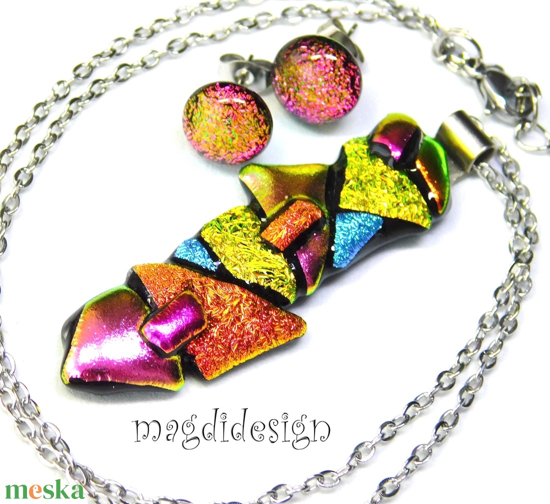 MAXI Szines  borzaska dichroic üvegékszer szett nyaklánc stiftes fülbevaló - ékszer - ékszerszett - Meska.hu