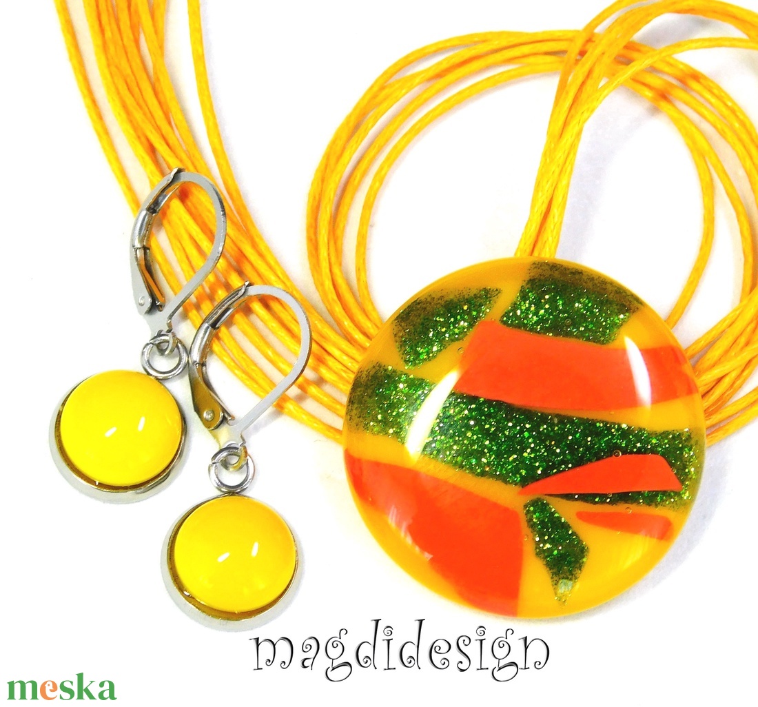  Sárga narancs zöld kontraszt üvegékszer szett nyaklánc kapcsos fülbevaló - ékszer - ékszerszett - Meska.hu