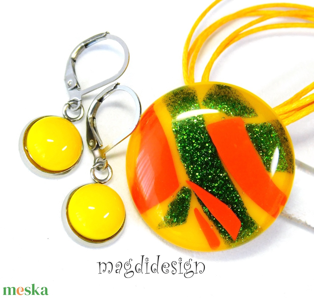 Sárga narancs zöld kontraszt üvegékszer szett nyaklánc kapcsos fülbevaló - ékszer - ékszerszett - Meska.hu