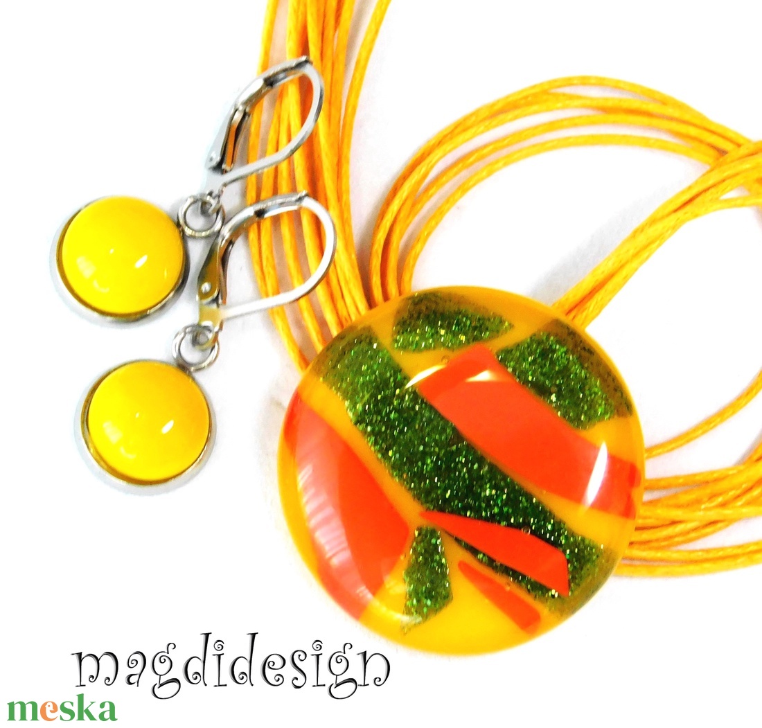  Sárga narancs zöld kontraszt üvegékszer szett nyaklánc kapcsos fülbevaló - ékszer - ékszerszett - Meska.hu