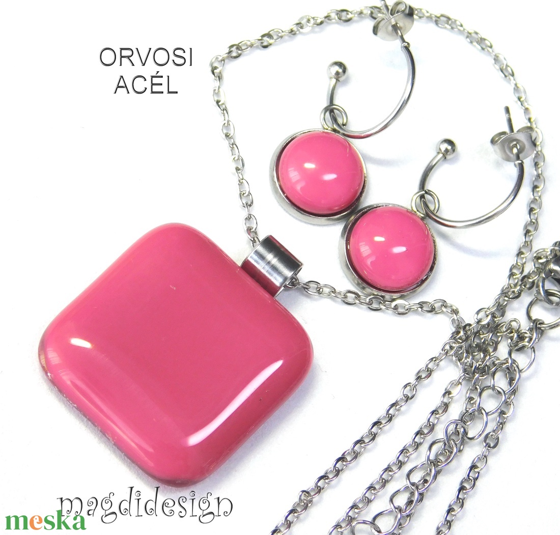 Mályvás-málna üvegékszer szett nyaklánc lógó fülbevaló - ékszer - ékszerszett - Meska.hu