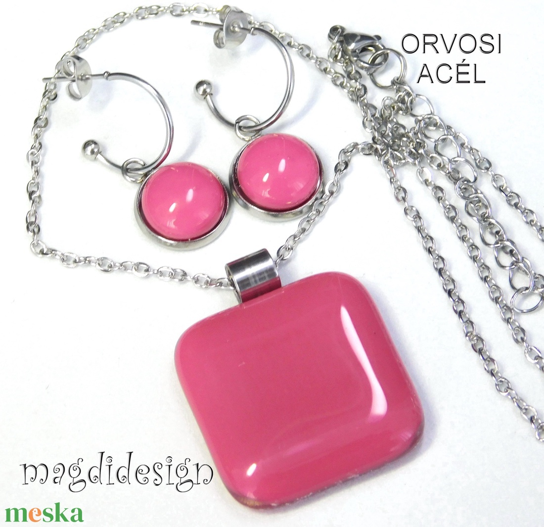 Mályvás-málna üvegékszer szett nyaklánc lógó fülbevaló - ékszer - ékszerszett - Meska.hu