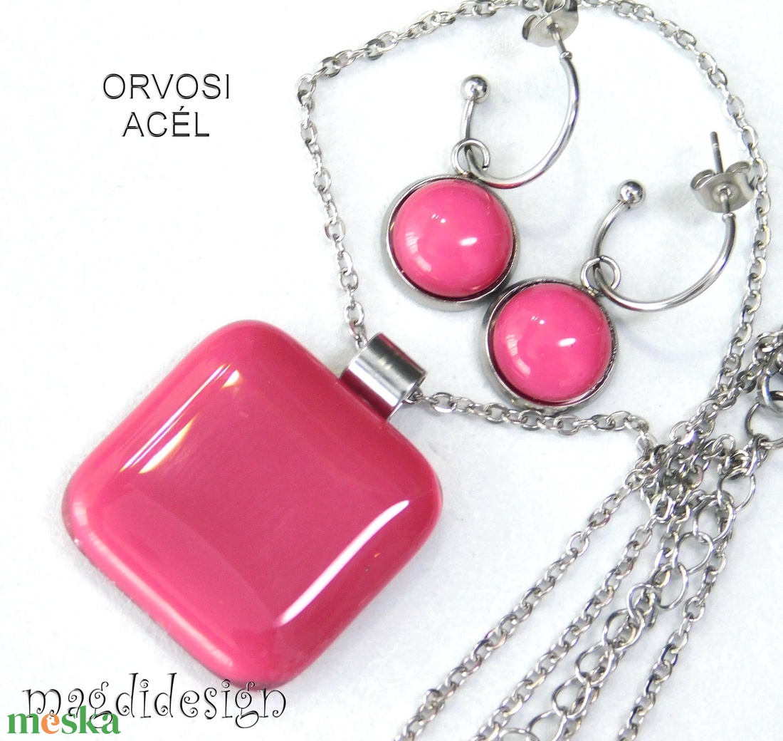 Mályvás-málna üvegékszer szett nyaklánc lógó fülbevaló - ékszer - ékszerszett - Meska.hu