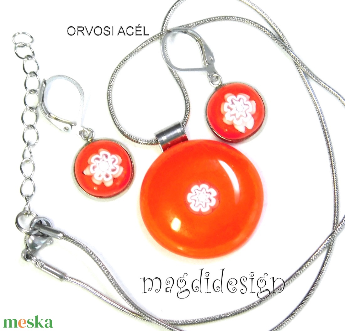 Millefiori narancs-fehér csipkés nyaklánc, kapcsos fülbevaló  üvegékszer szett - ékszer - ékszerszett - Meska.hu