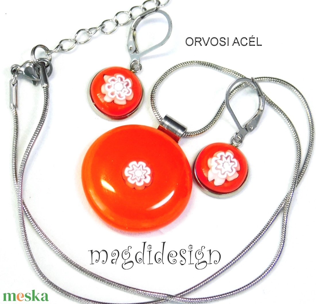 Millefiori narancs-fehér csipkés nyaklánc, kapcsos fülbevaló  üvegékszer szett - ékszer - ékszerszett - Meska.hu