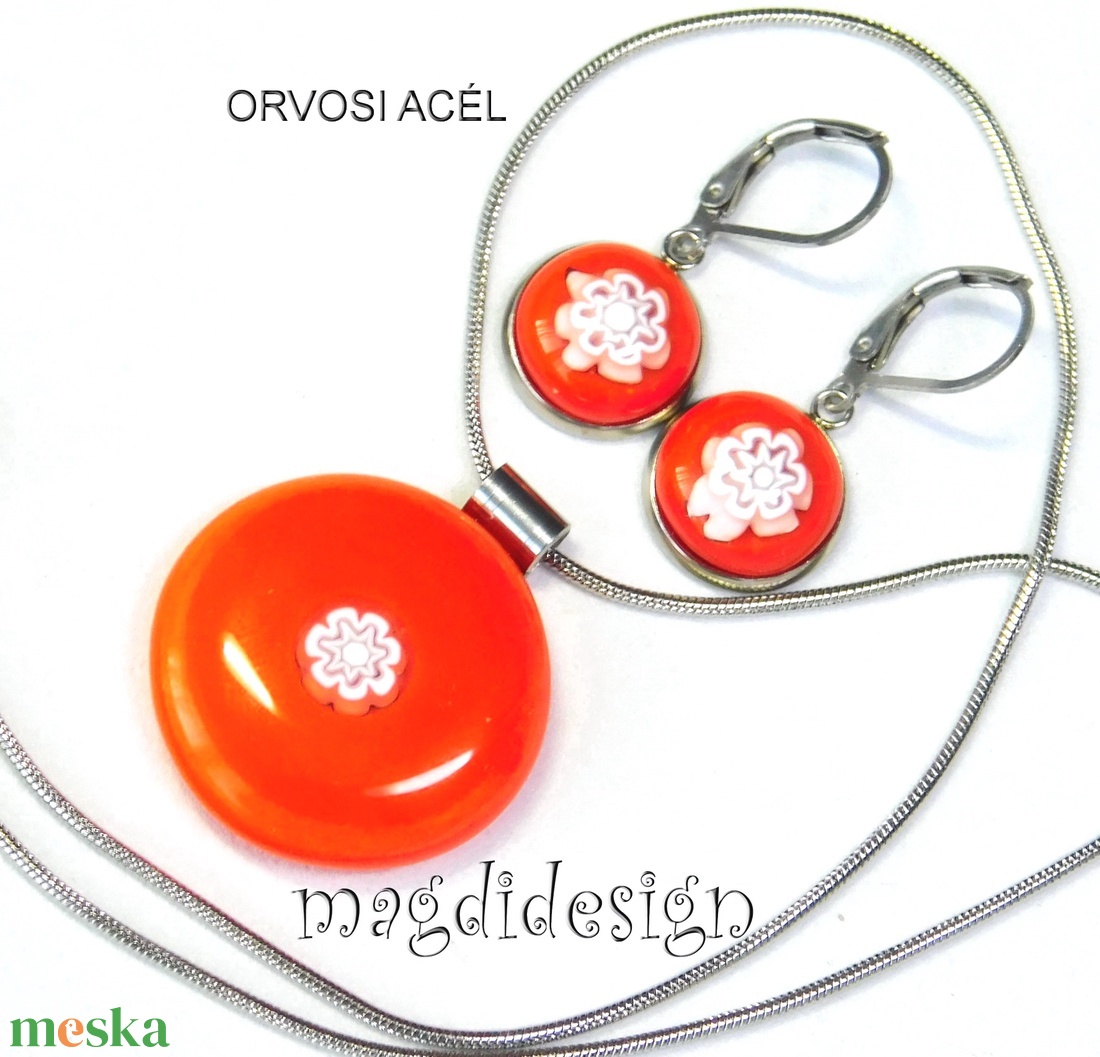 Millefiori narancs-fehér csipkés nyaklánc, kapcsos fülbevaló  üvegékszer szett - ékszer - ékszerszett - Meska.hu