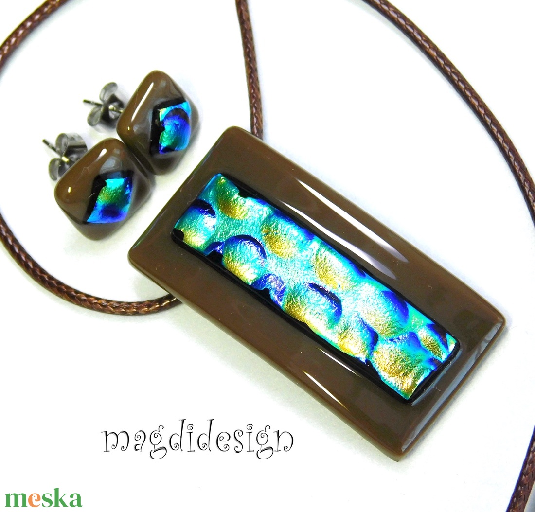 Arany-kék buborékok barnán dichroic üvegékszer szett pötty fülbevaló - ékszer - ékszerszett - Meska.hu