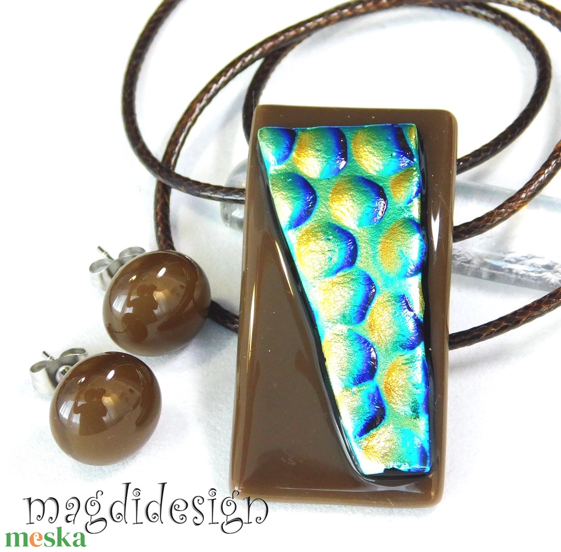 Arany-kék buborékok barnán dichroic üvegékszer szett pötty fülbevaló 1 - ékszer - ékszerszett - Meska.hu