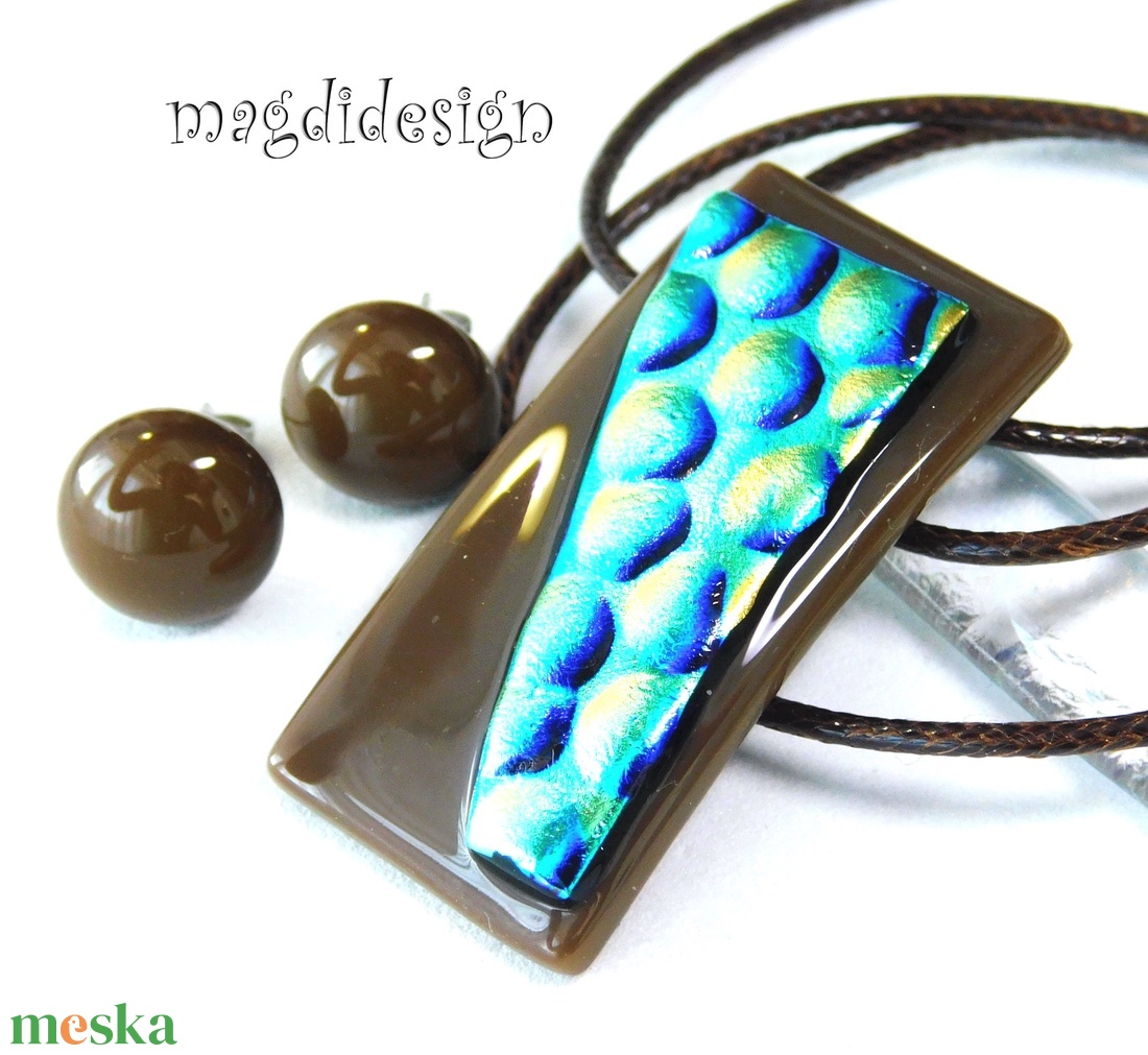 Arany-kék buborékok barnán dichroic üvegékszer szett pötty fülbevaló 1 - ékszer - ékszerszett - Meska.hu