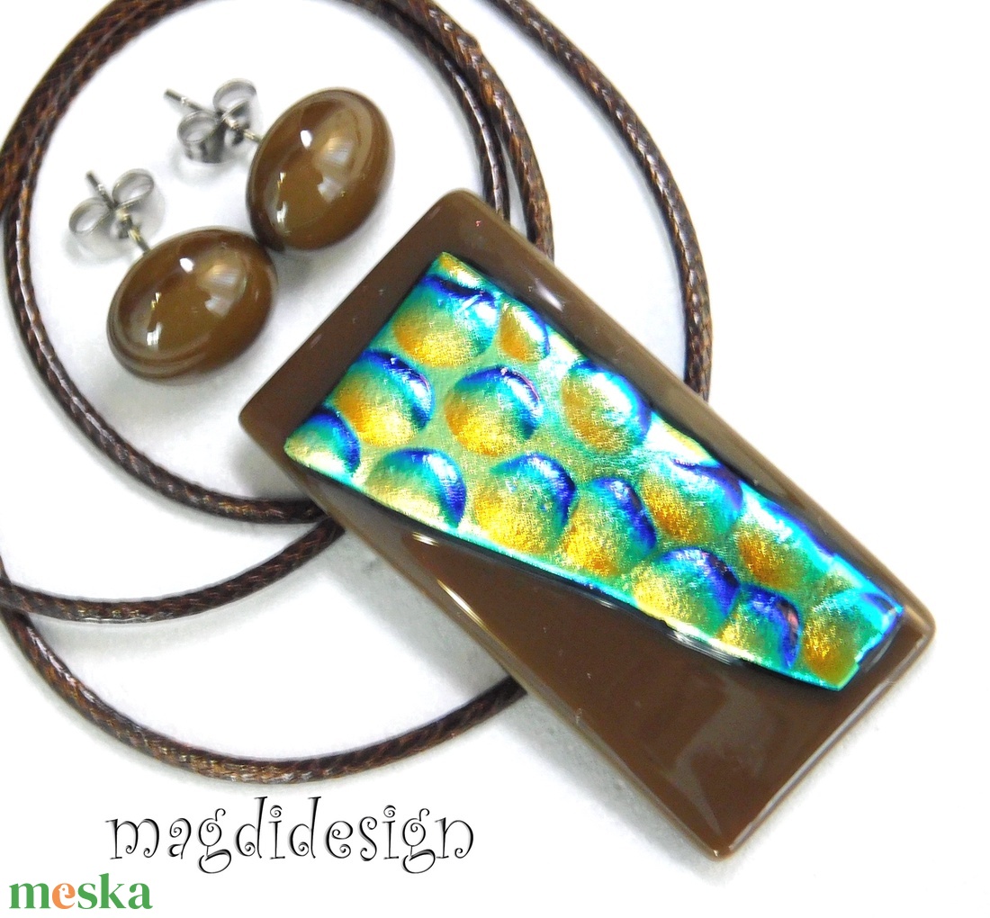 Arany-kék buborékok barnán dichroic üvegékszer szett pötty fülbevaló 1 - ékszer - ékszerszett - Meska.hu