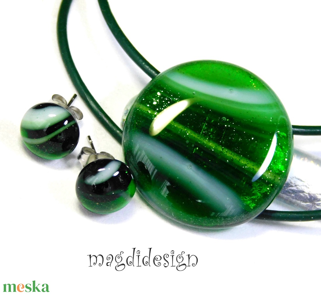 Csillámporos zölderdő üvegékszer szett nyaklánc, pötty fülbevaló - ékszer - ékszerszett - Meska.hu