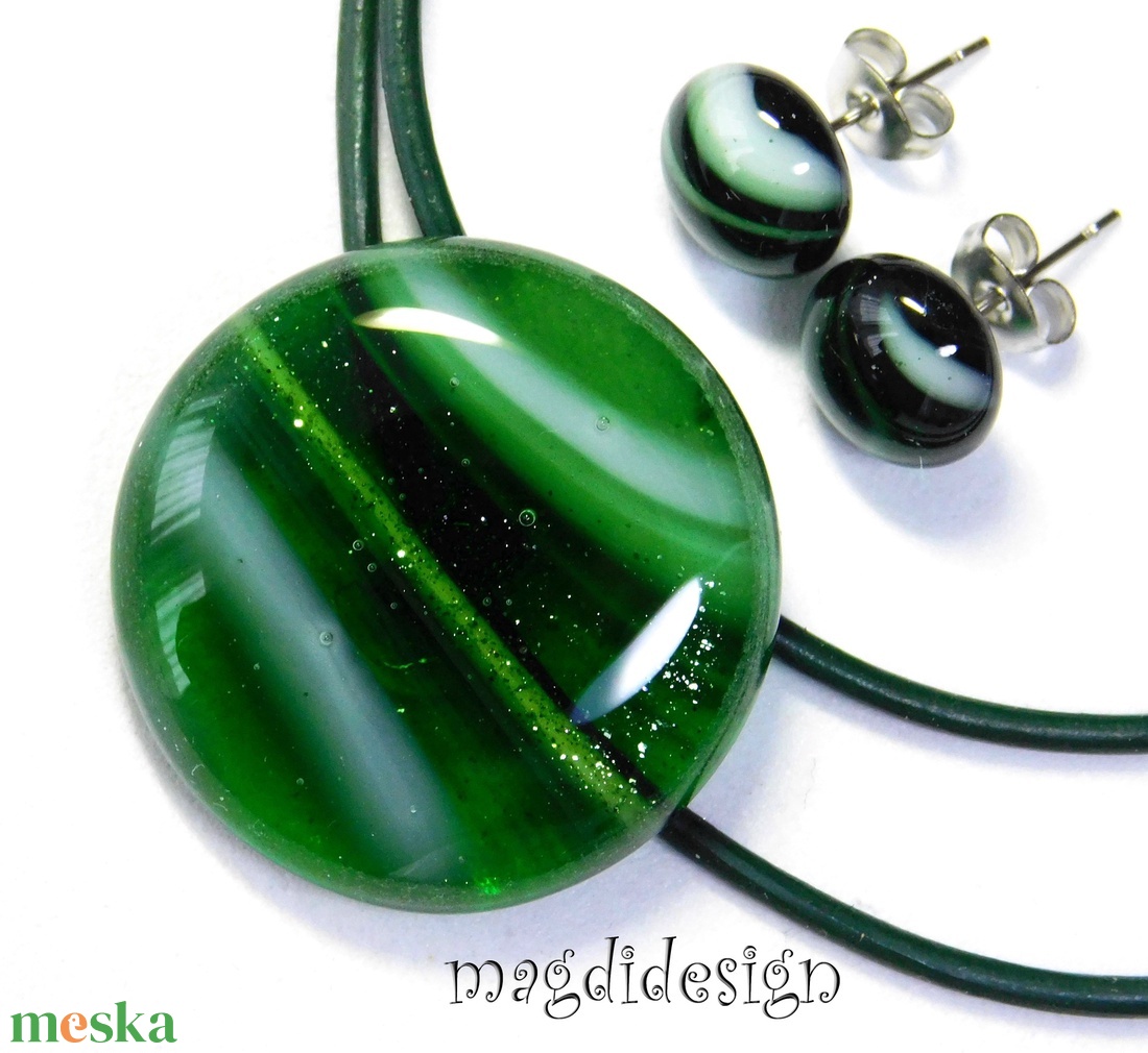 Csillámporos zölderdő üvegékszer szett nyaklánc, pötty fülbevaló - ékszer - ékszerszett - Meska.hu