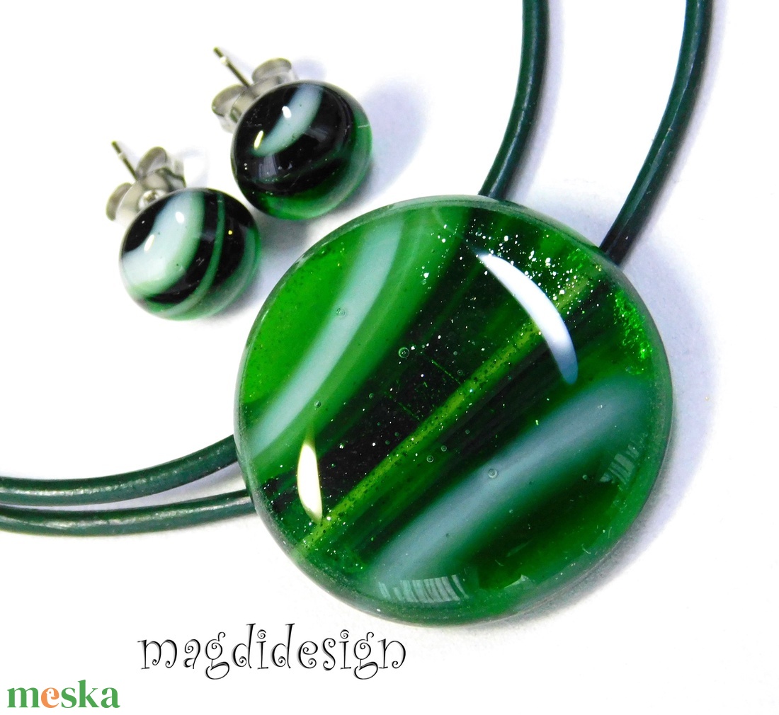 Csillámporos zölderdő üvegékszer szett nyaklánc, pötty fülbevaló - ékszer - ékszerszett - Meska.hu