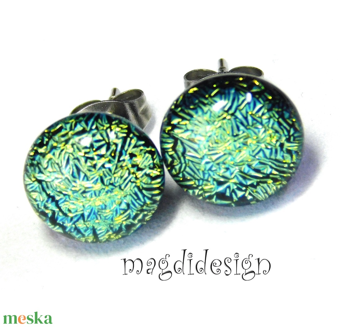 NEMESACÉL! Zöld-arany üvegékszer stiftes fülbevaló  - ékszer - fülbevaló - pötty fülbevaló - Meska.hu