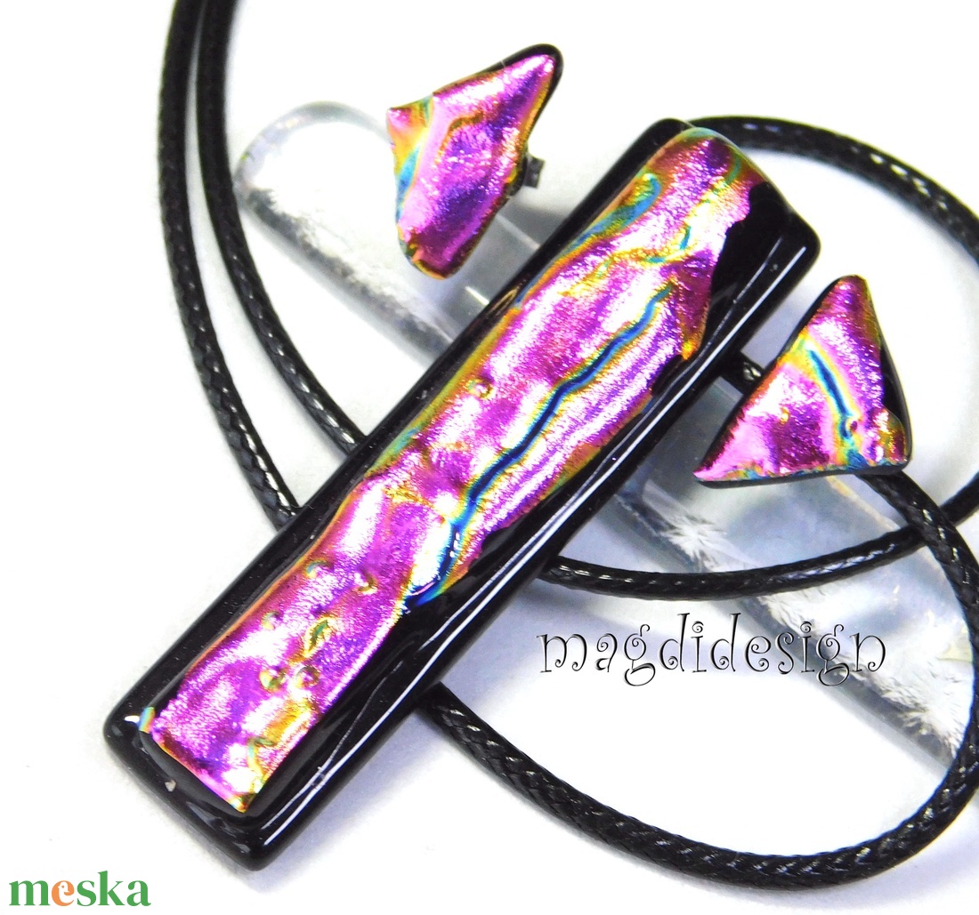 Bíbor-lila színjáték dichroic üvegékszer szett nyaklánc stiftes fülbevaló  1 - ékszer - ékszerszett - Meska.hu