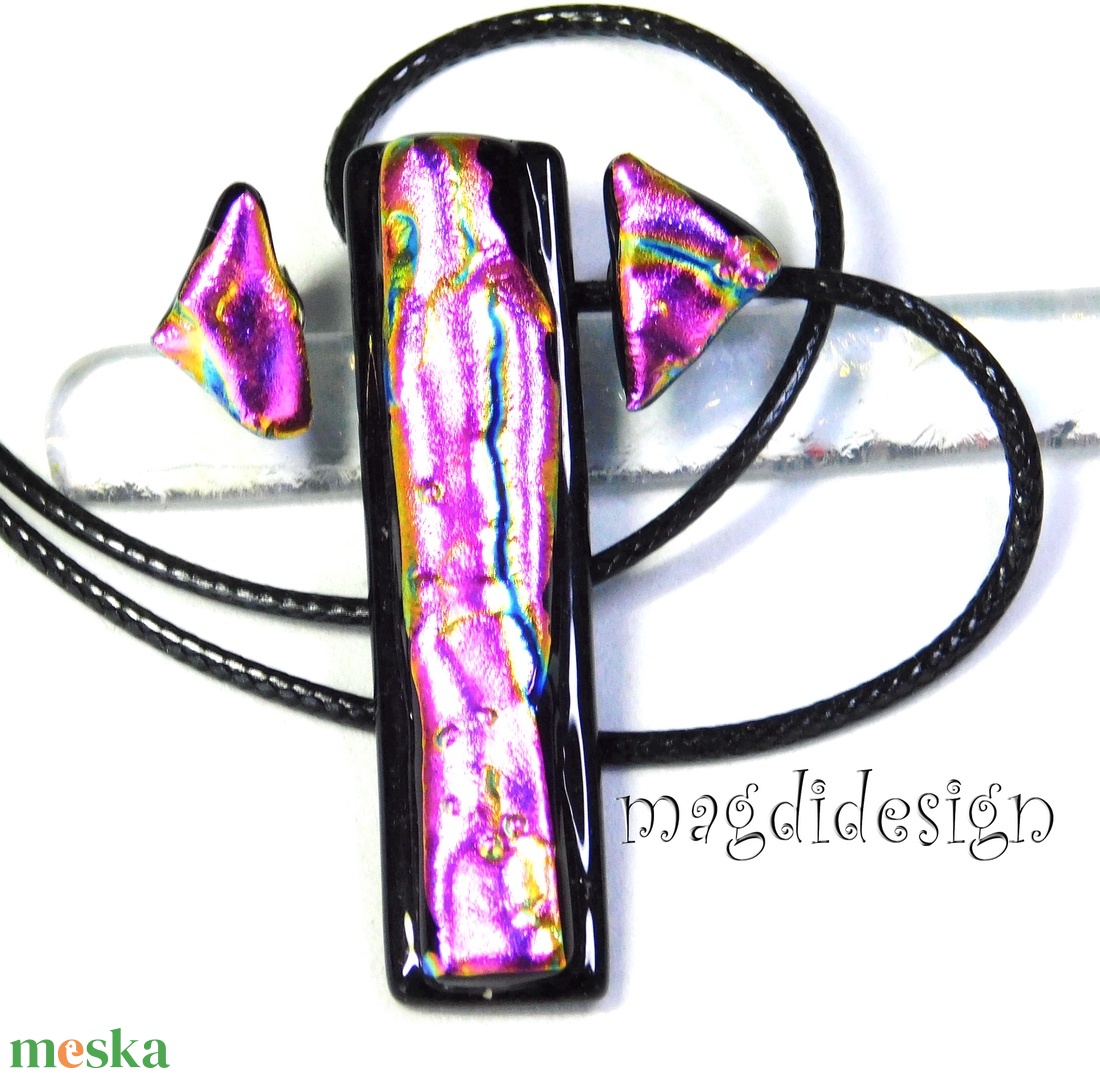 Bíbor-lila színjáték dichroic üvegékszer szett nyaklánc stiftes fülbevaló  1 - ékszer - ékszerszett - Meska.hu