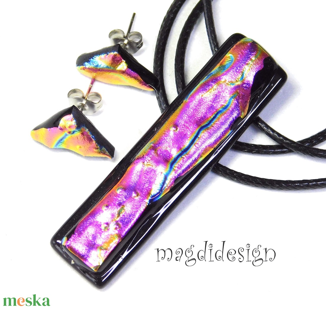 Bíbor-lila színjáték dichroic üvegékszer szett nyaklánc stiftes fülbevaló  1 - ékszer - ékszerszett - Meska.hu