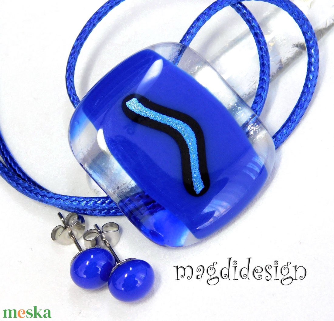 Királykék üvegékszer szett nyaklánc stiftes fülbevaló - ékszer - ékszerszett - Meska.hu