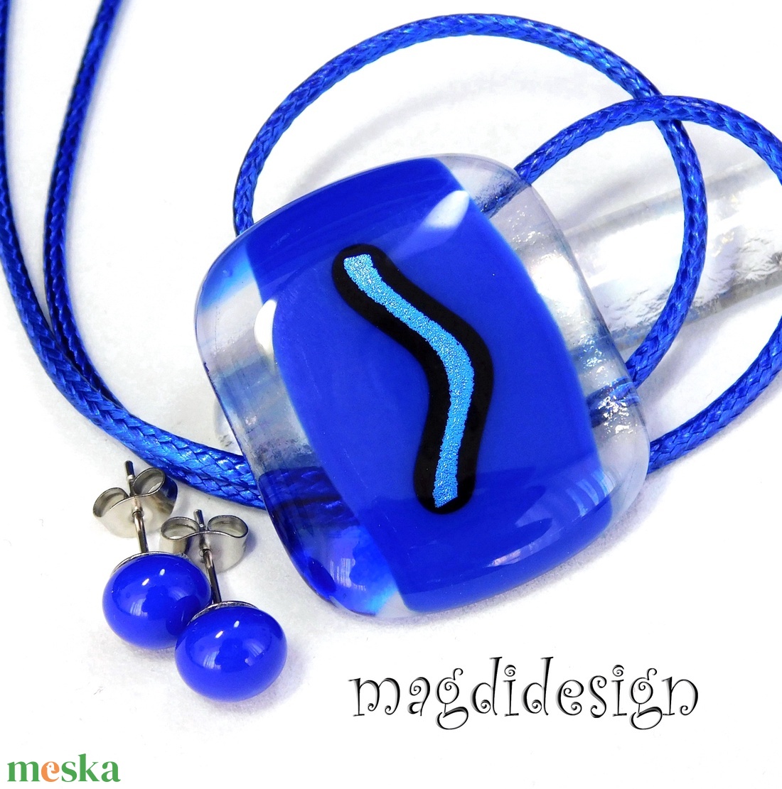 Királykék üvegékszer szett nyaklánc stiftes fülbevaló - ékszer - ékszerszett - Meska.hu