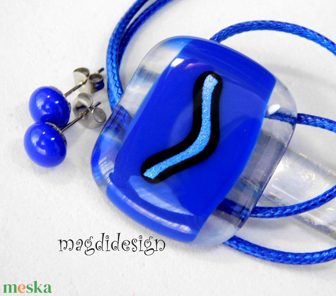 Királykék üvegékszer szett nyaklánc stiftes fülbevaló - ékszer - ékszerszett - Meska.hu