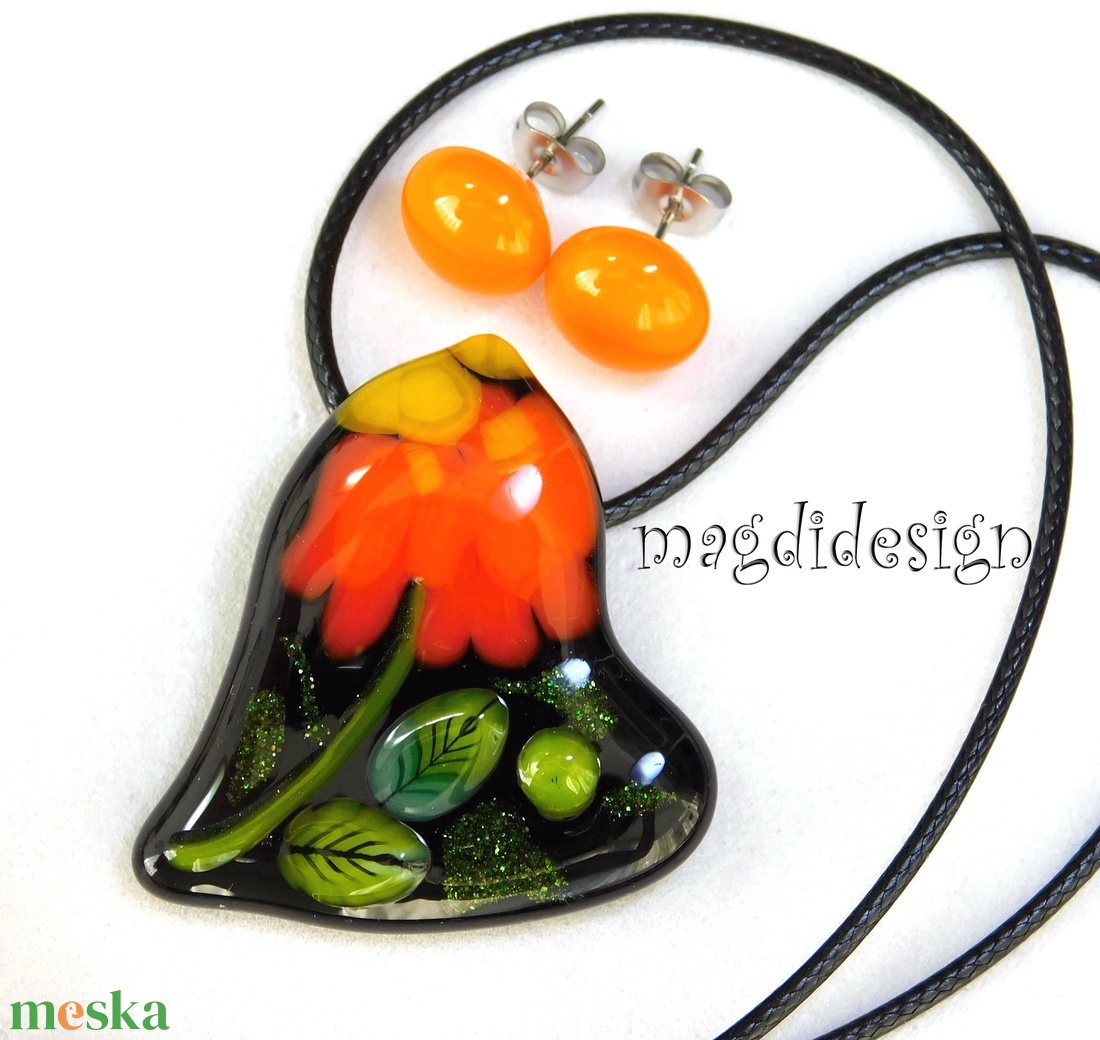 Fekete narancs virágos szív üvegékszer szett, nyaklánc, pötty fülbevaló  - ékszer - ékszerszett - Meska.hu