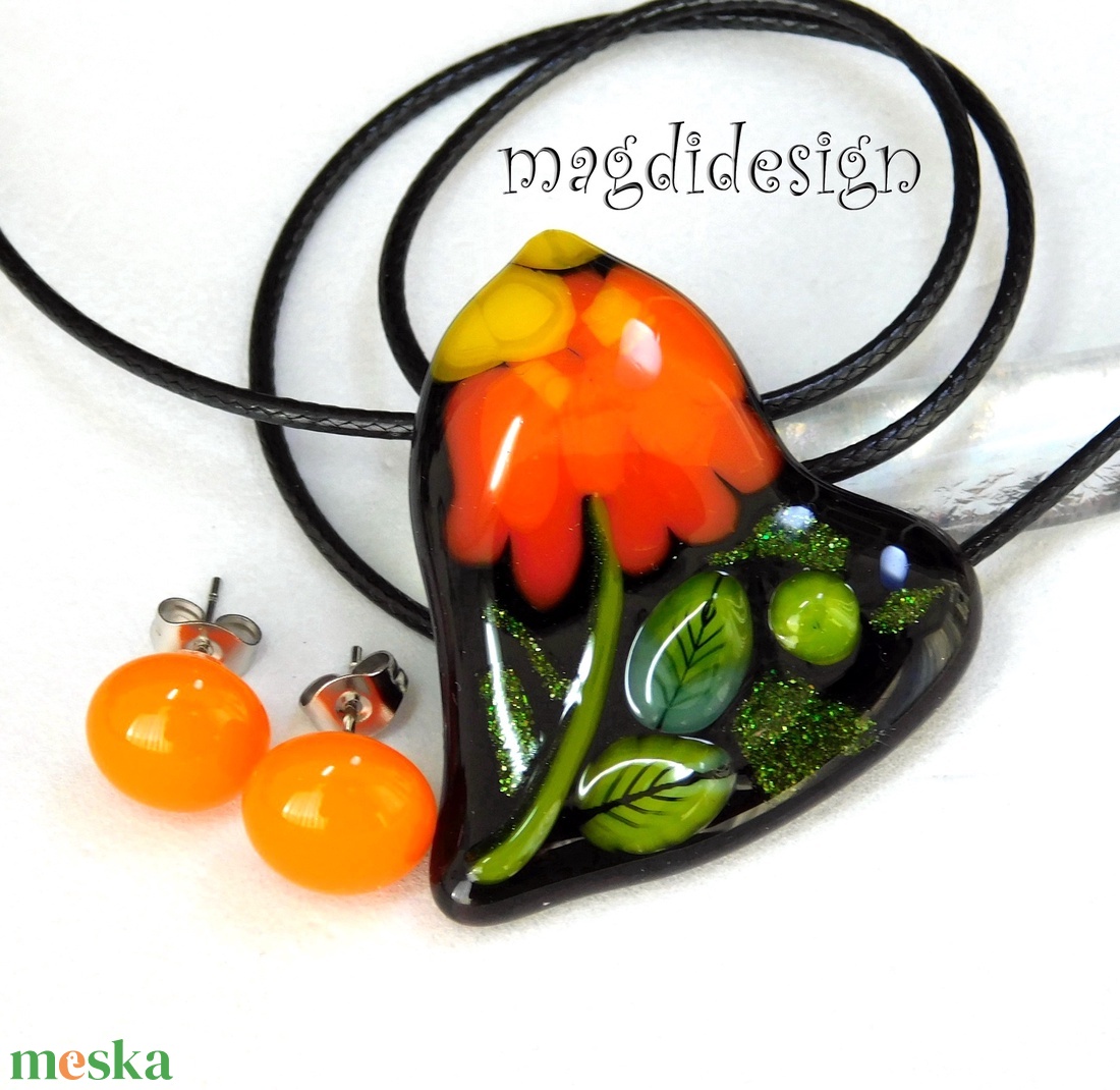 Fekete narancs virágos szív üvegékszer szett, nyaklánc, pötty fülbevaló  - ékszer - ékszerszett - Meska.hu