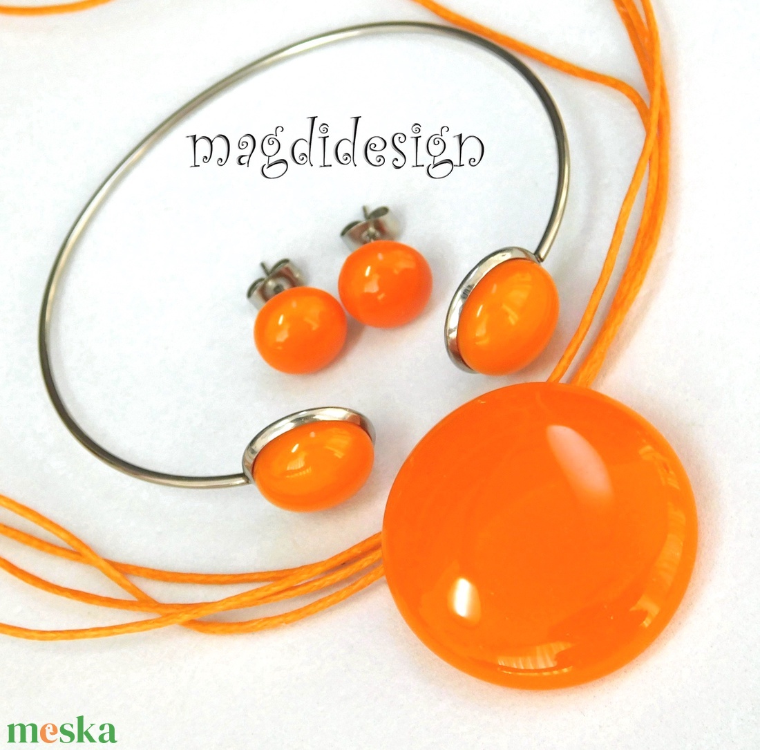 Narancssárga minimál design üvegékszer szett, nyaklánc, stiftes fülbevaló karkötő - ékszer - ékszerszett - Meska.hu