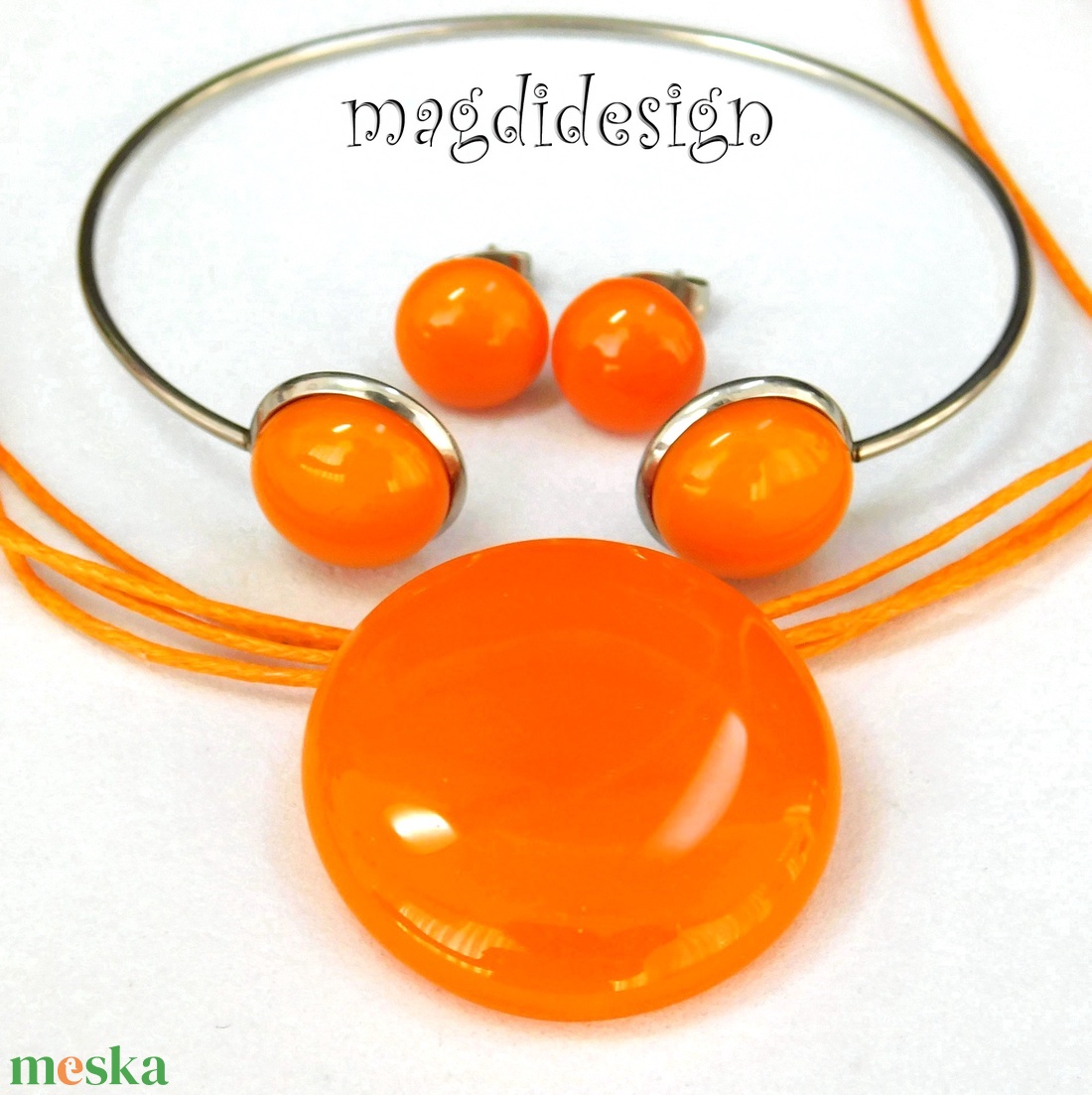 Narancssárga minimál design üvegékszer szett, nyaklánc, stiftes fülbevaló karkötő - ékszer - ékszerszett - Meska.hu