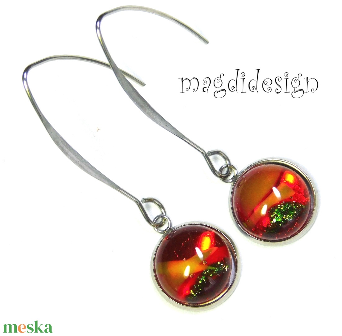 Tűzvirág üvegékszer lógós fülbevaló, orvosi acél - ékszer - fülbevaló - lógó fülbevaló - Meska.hu