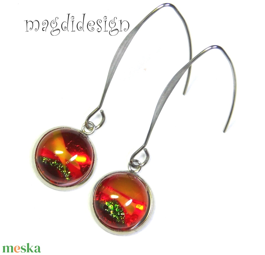 Tűzvirág üvegékszer lógós fülbevaló, orvosi acél - ékszer - fülbevaló - lógó fülbevaló - Meska.hu