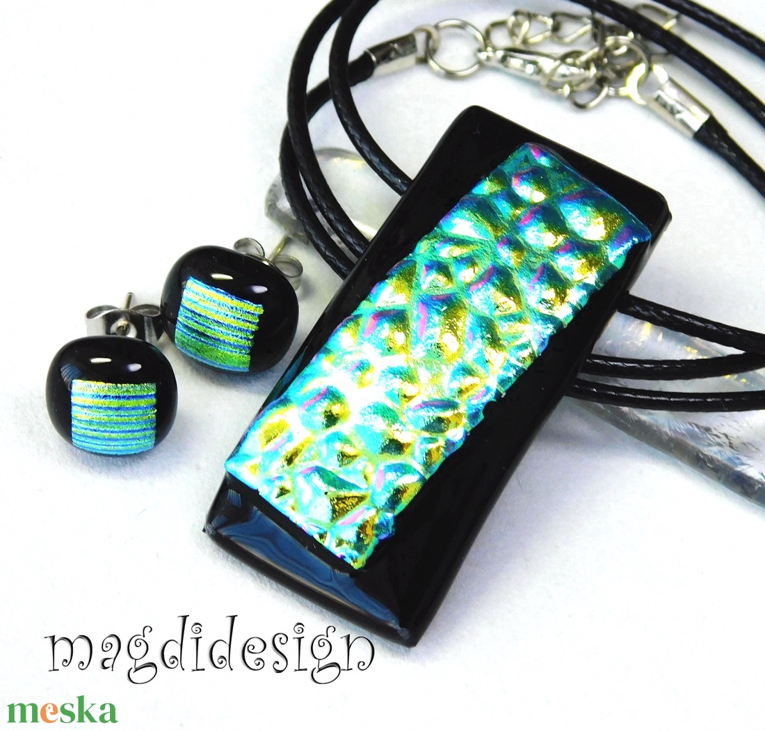 Türkizes kavicsok feketén dichroic üvegékszer szett pötty fülbevaló - ékszer - ékszerszett - Meska.hu