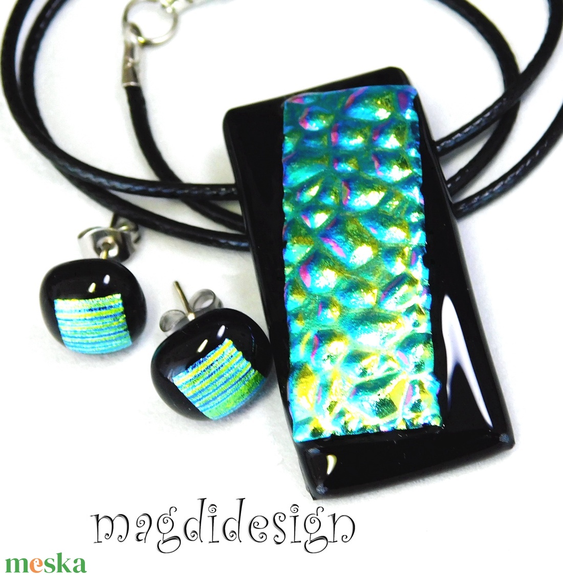 Türkizes kavicsok feketén dichroic üvegékszer szett pötty fülbevaló - ékszer - ékszerszett - Meska.hu