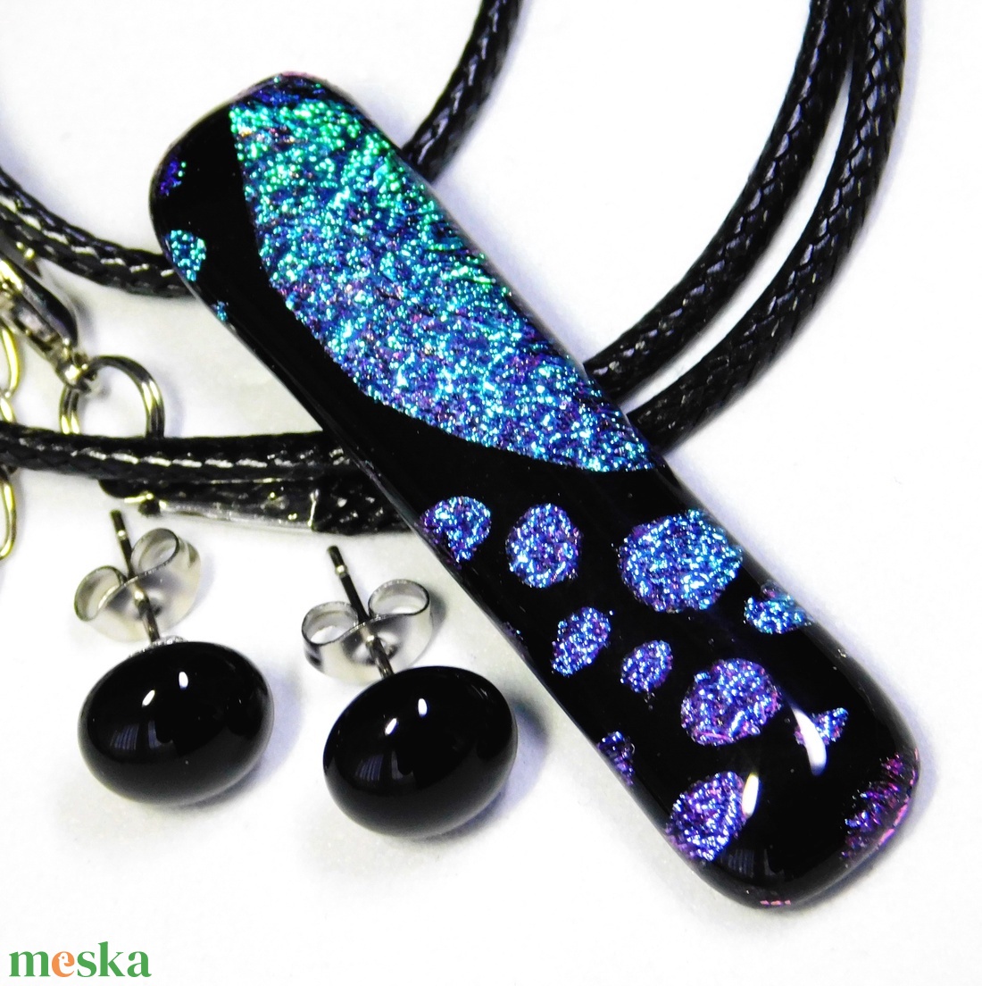 Univerzum kék-fekete üvegékszer szett, nyaklánc, pötty fülbevaló - ékszer - ékszerszett - Meska.hu