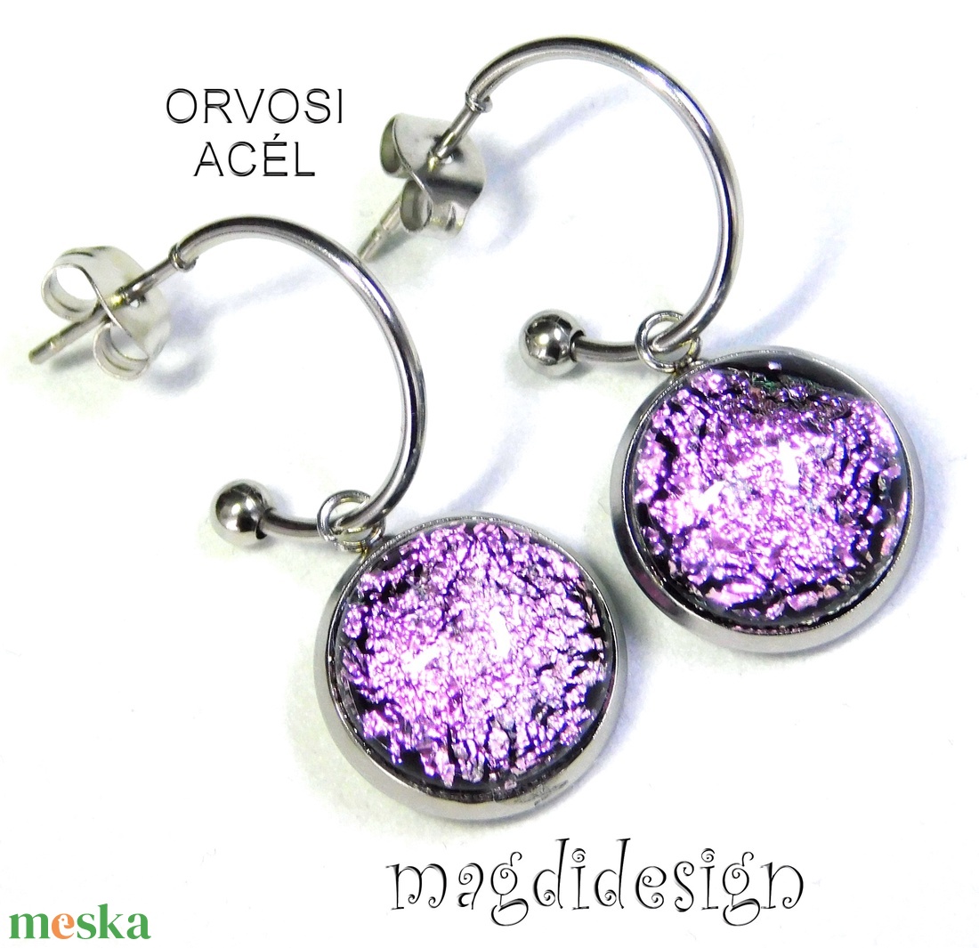 Szikázó rózsaszín üvegékszer stiftes lógós nemesacél fülbevaló - ékszer - fülbevaló - pötty fülbevaló - Meska.hu