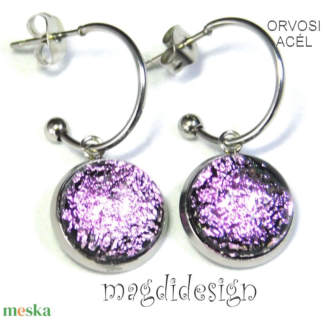 Szikázó rózsaszín üvegékszer stiftes lógós nemesacél fülbevaló - ékszer - fülbevaló - pötty fülbevaló - Meska.hu