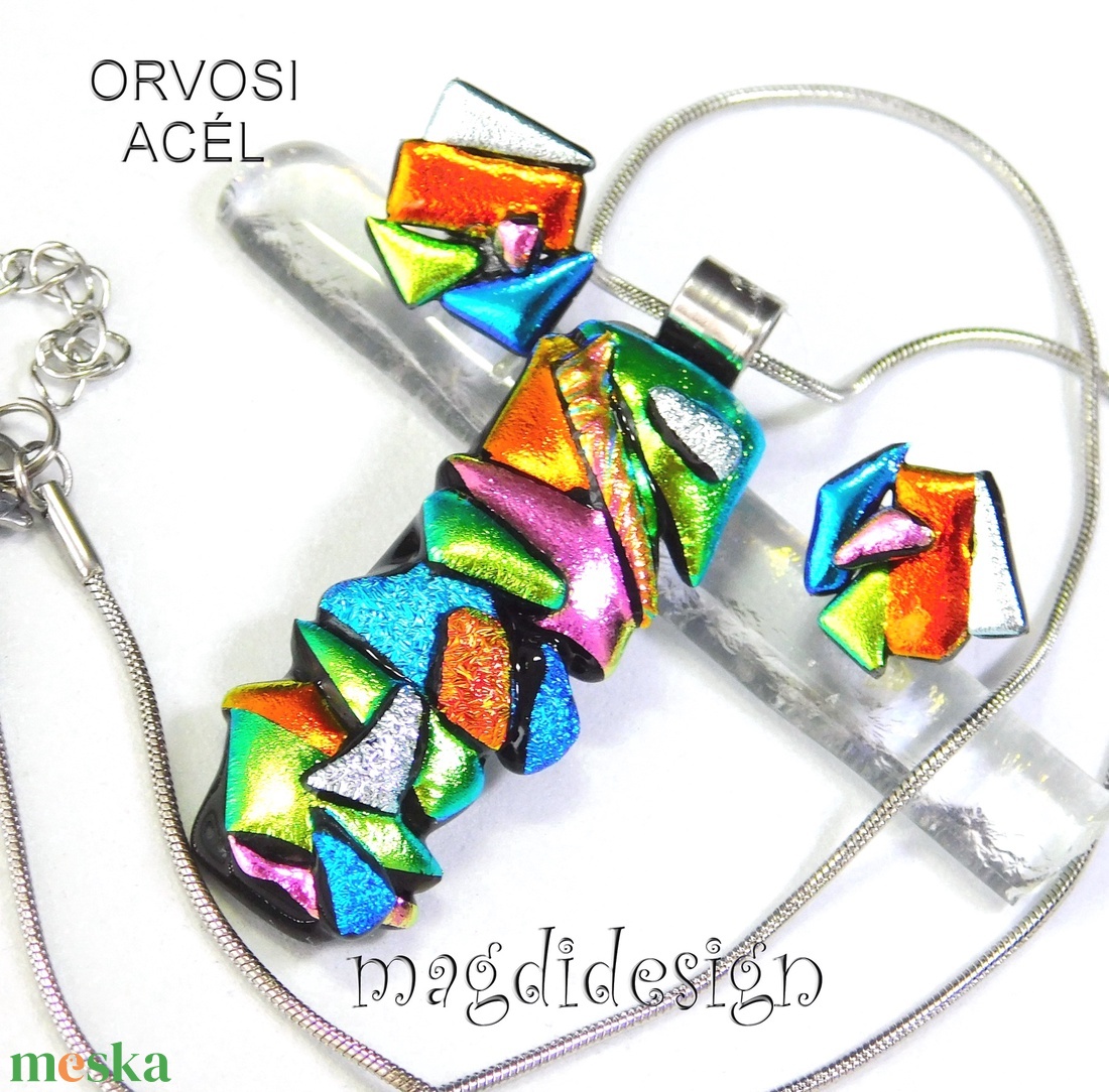 MAXI Szines  borzaska dichroic üvegékszer szett nyaklánc stiftes fülbevaló - ékszer - ékszerszett - Meska.hu