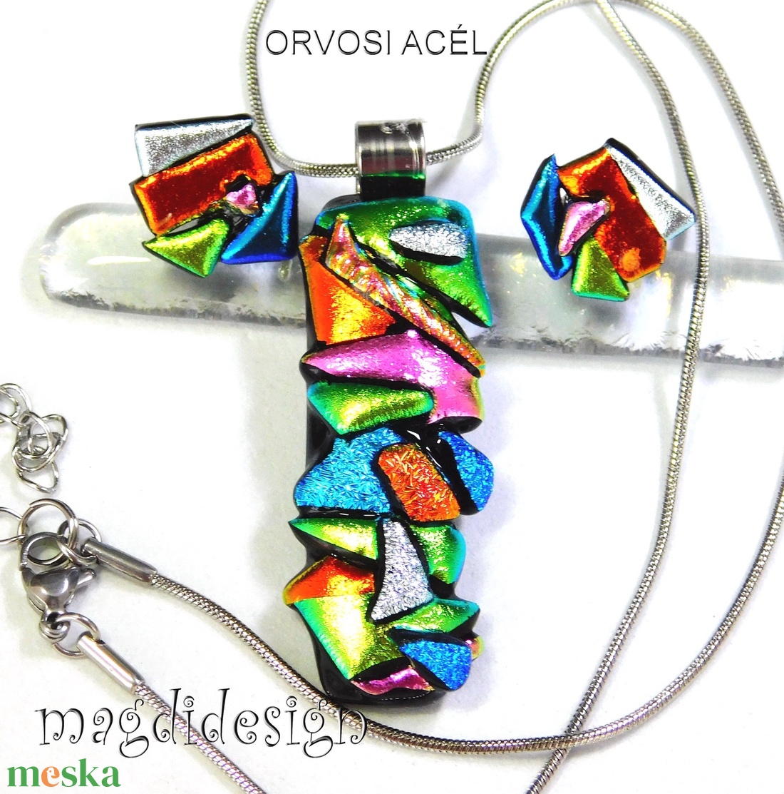 MAXI Szines  borzaska dichroic üvegékszer szett nyaklánc stiftes fülbevaló - ékszer - ékszerszett - Meska.hu