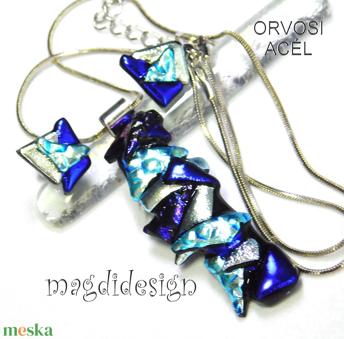 MAXI Ezüst-kék  borzaska dichroic üvegékszer szett nyaklánc stiftes fülbevaló1 - ékszer - ékszerszett - Meska.hu