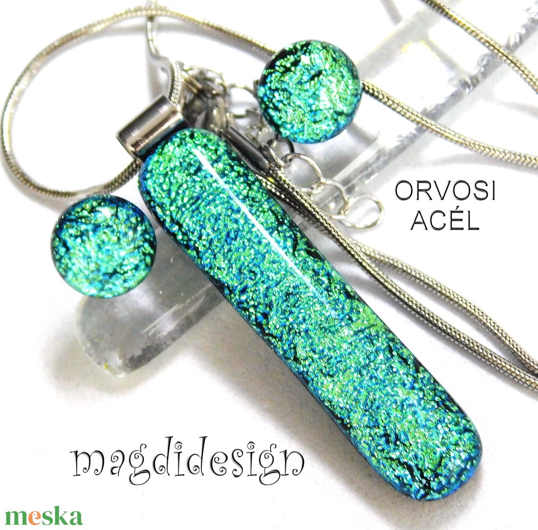 Exkluzív szikrázó zöld dichroic üvegékszer szett nyaklánc stiftes fülbevaló - ékszer - ékszerszett - Meska.hu