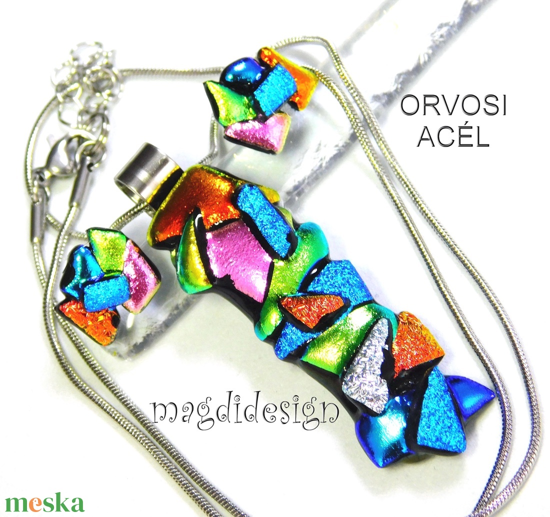 MAXI Szines  borzaska dichroic üvegékszer szett nyaklánc stiftes fülbevaló 1 - ékszer - ékszerszett - Meska.hu