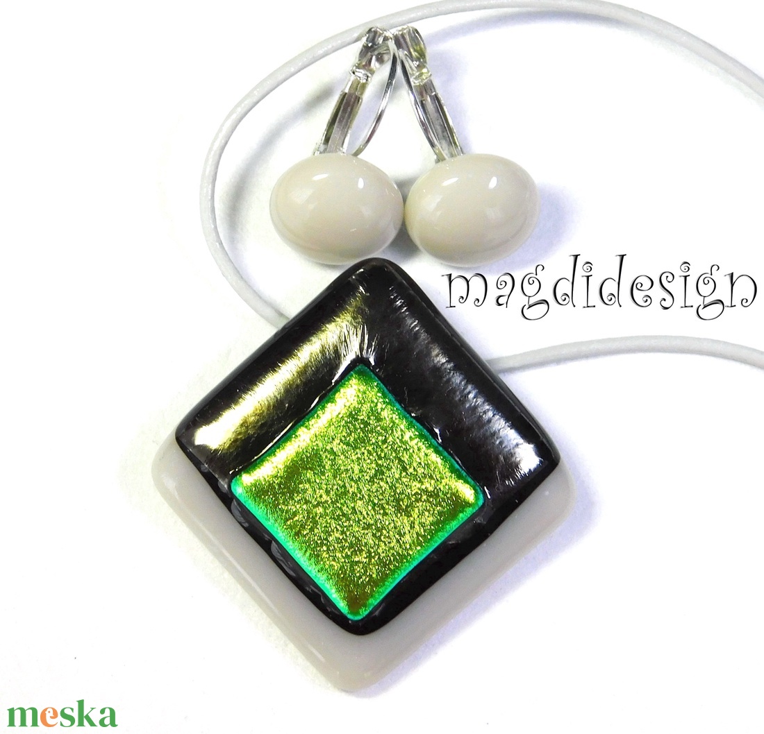 Arany-homok absztrakt üvegékszer szett nyaklánc, maxi kapcsos fülbevaló - ékszer - ékszerszett - Meska.hu