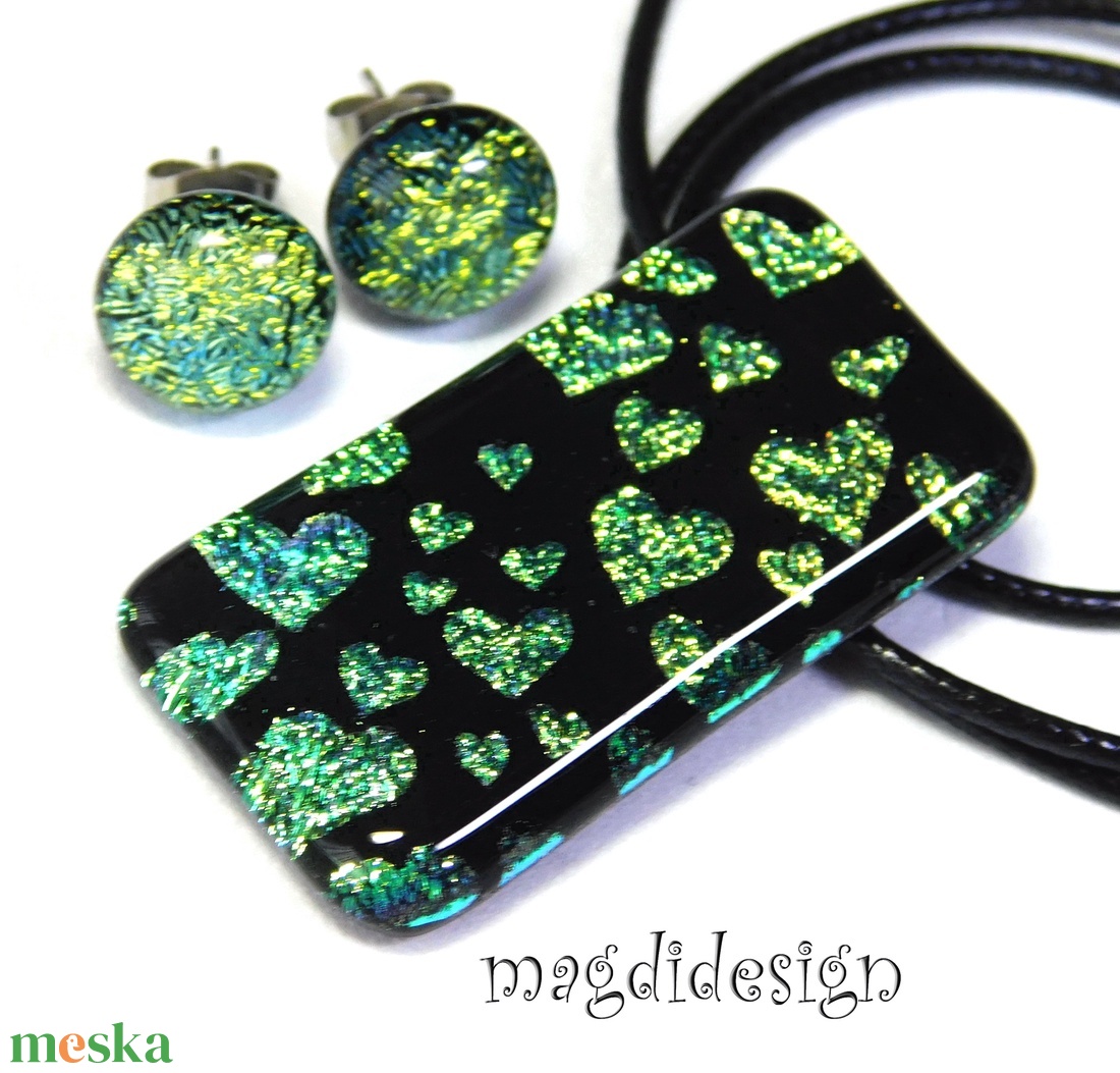 Arany-türkiz szívecskés üvegékszer szett nyaklánc, fülbevaló - Valentin napra, Anyák napjára, Nőnapra - ékszer - nyaklánc - medálos nyaklánc - Meska.hu