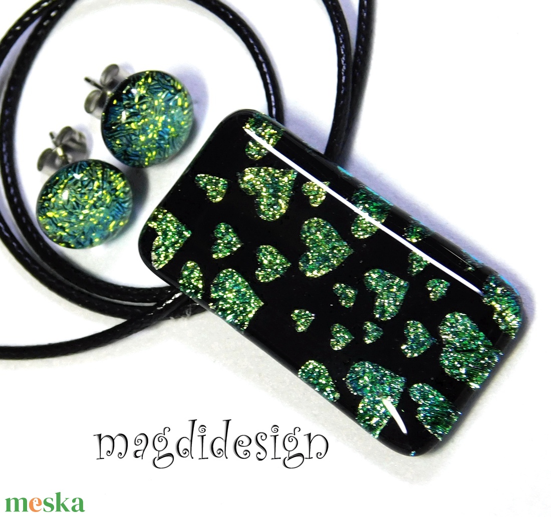 Arany-türkiz szívecskés üvegékszer szett nyaklánc, fülbevaló - Valentin napra, Anyák napjára, Nőnapra - ékszer - nyaklánc - medálos nyaklánc - Meska.hu