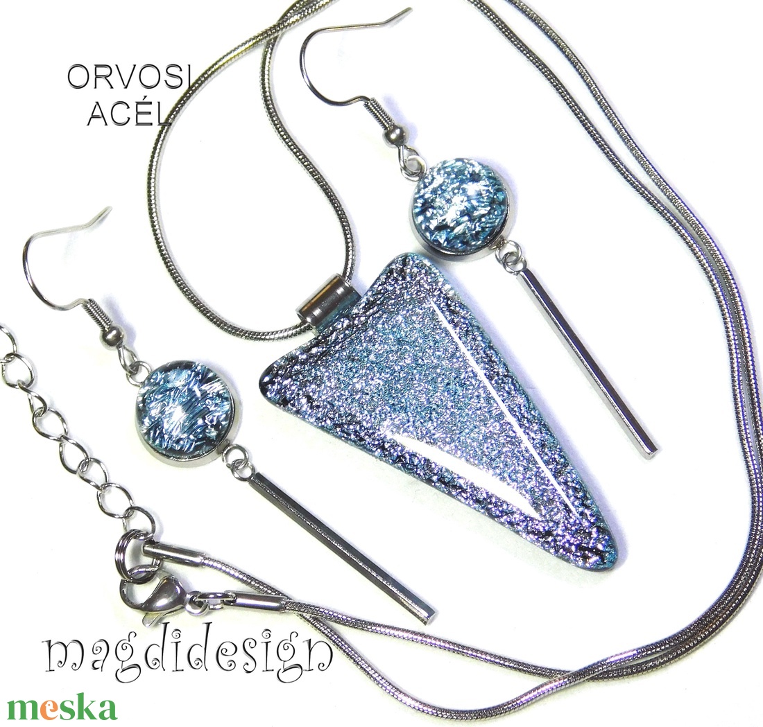 Ezüst szikrázás üvegékszer szett nyaklánc lógós fülbevaló 1 - ékszer - ékszerszett - Meska.hu
